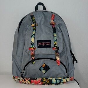 Jansport Light Blue Canvas & Floral Leather Backpack w/ Makeup Pouch